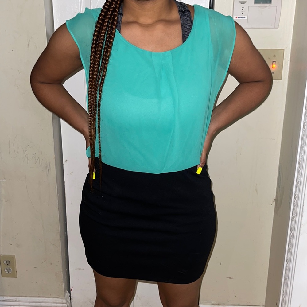 Turquoise dress.